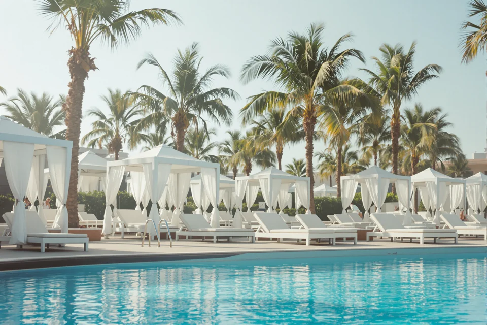 White cabanas at a poolside under palms in the midday heat in Las Vegas