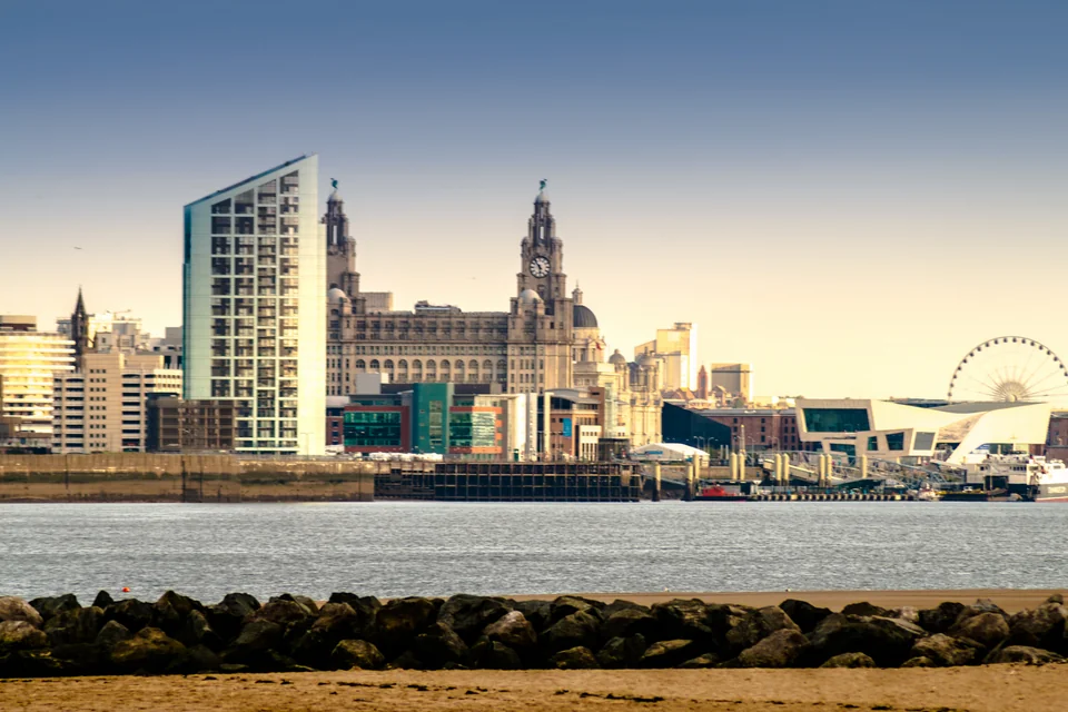 The Royal Liver Building and the waterfront skyline across the Mersey, Liverpool