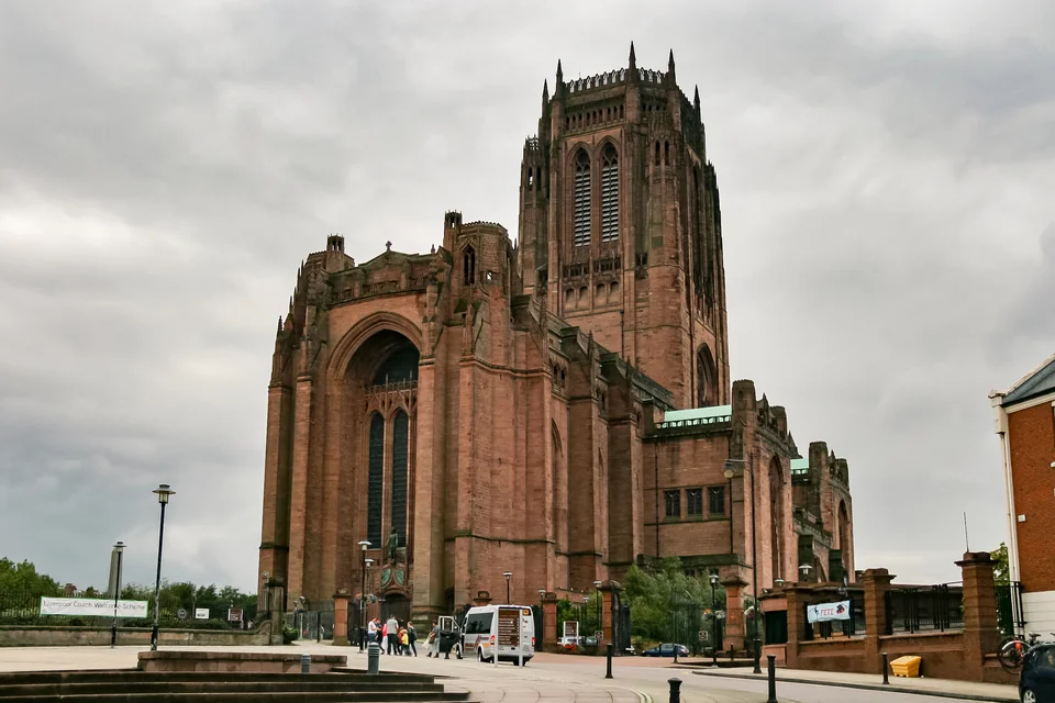 The red sandstone Anglican Cathedral and its tower in Liverpool