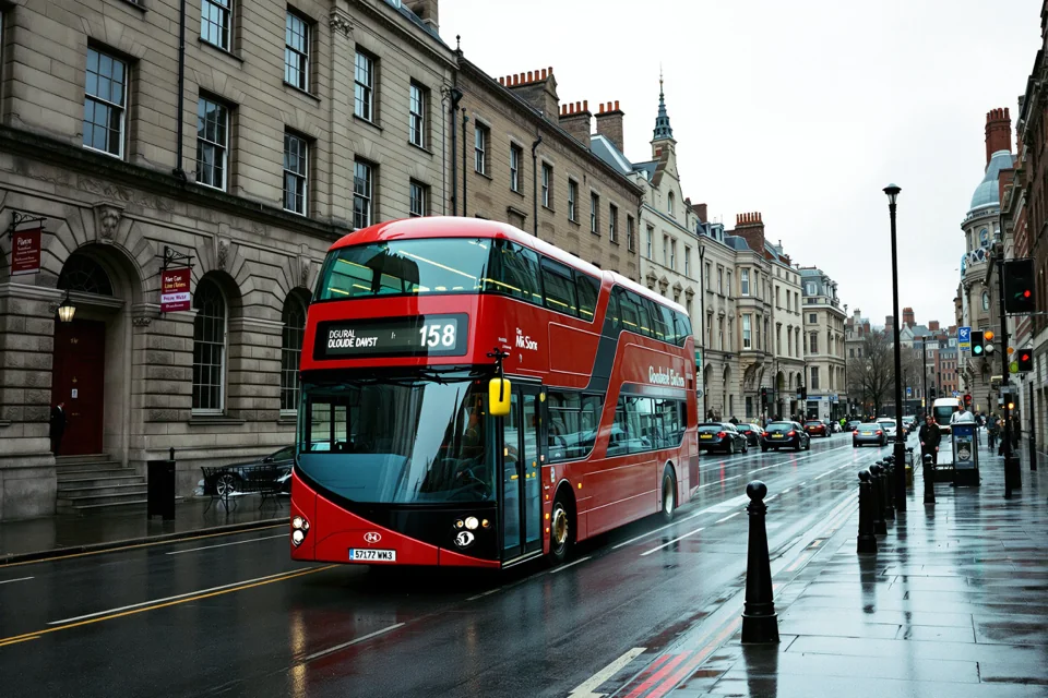 A red double-decker bus on a wet London street between stone buildings