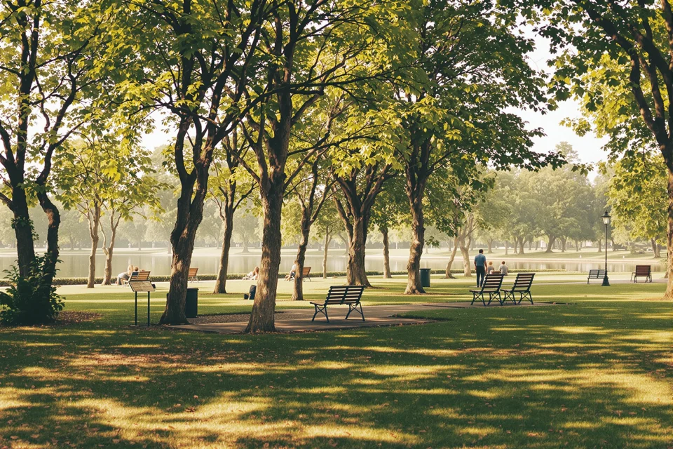 Deckchairs lined up by the lake in a plane-tree park in London in summer haze