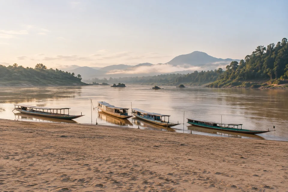 The Mekong and its boats in the morning mist at Luang Prabang