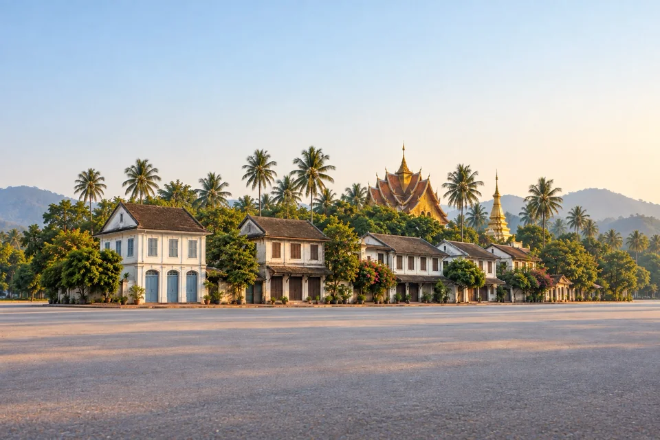 Colonial houses and gilded temple roofs in Luang Prabang