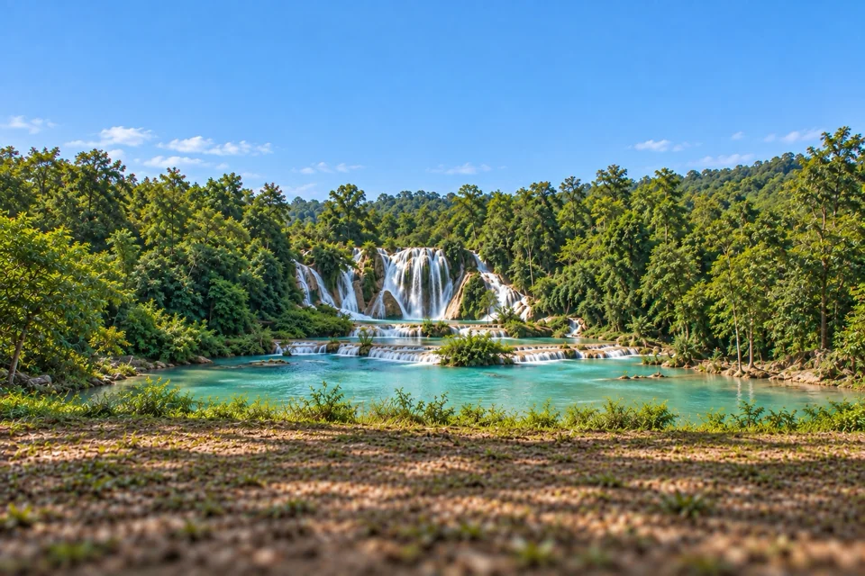 A turquoise terraced waterfall near Luang Prabang