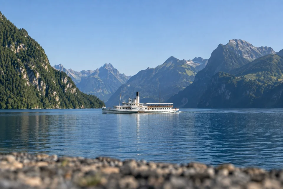 Lucerne gölü ve dik ormanlık dağlar