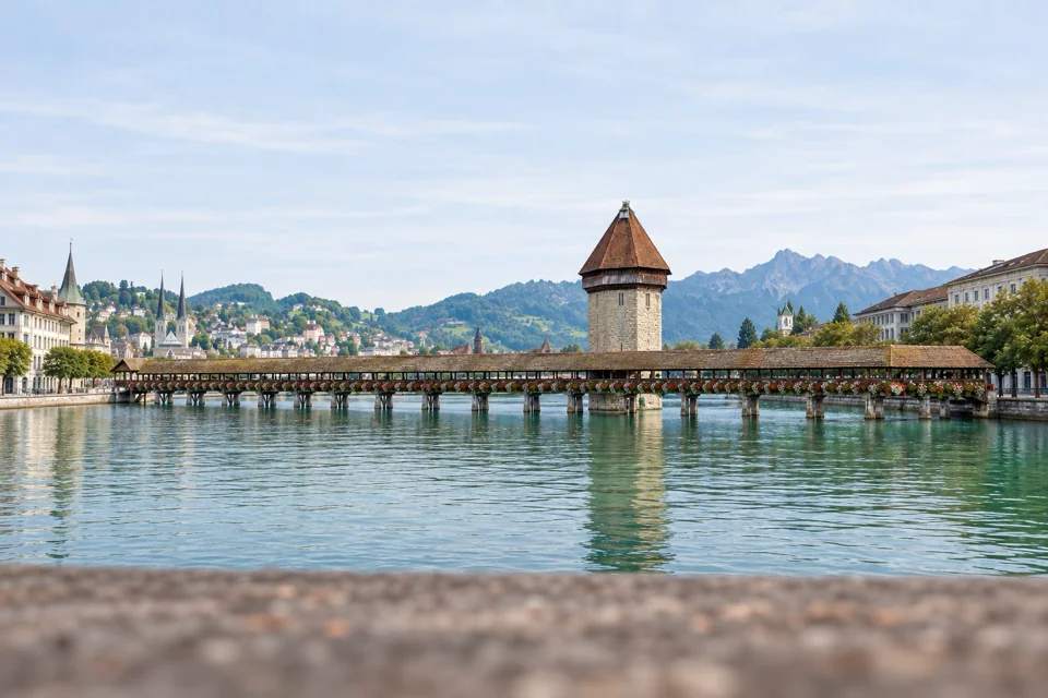 The covered wooden bridge over the Reuss in Lucerne