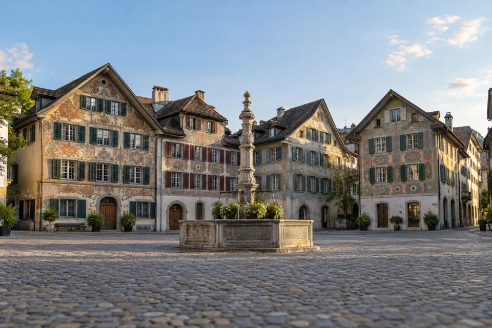 A frescoed old town square in Lucerne