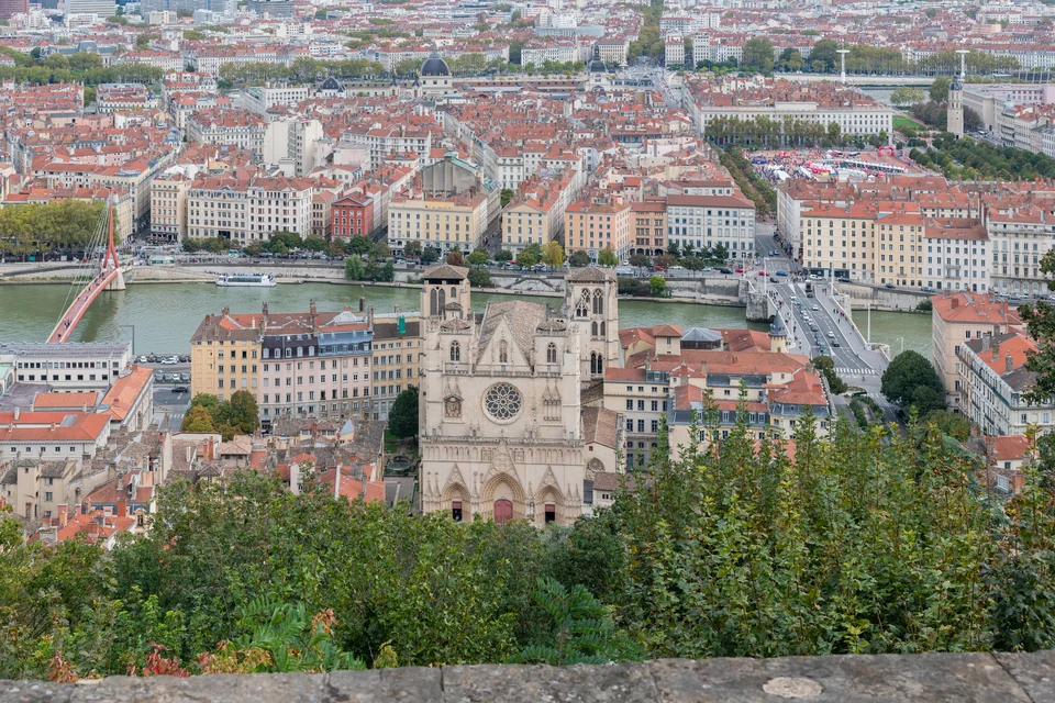 Saint-Jean Cathedral, the Saône River and red-roofed Lyon seen from Fourvière hill