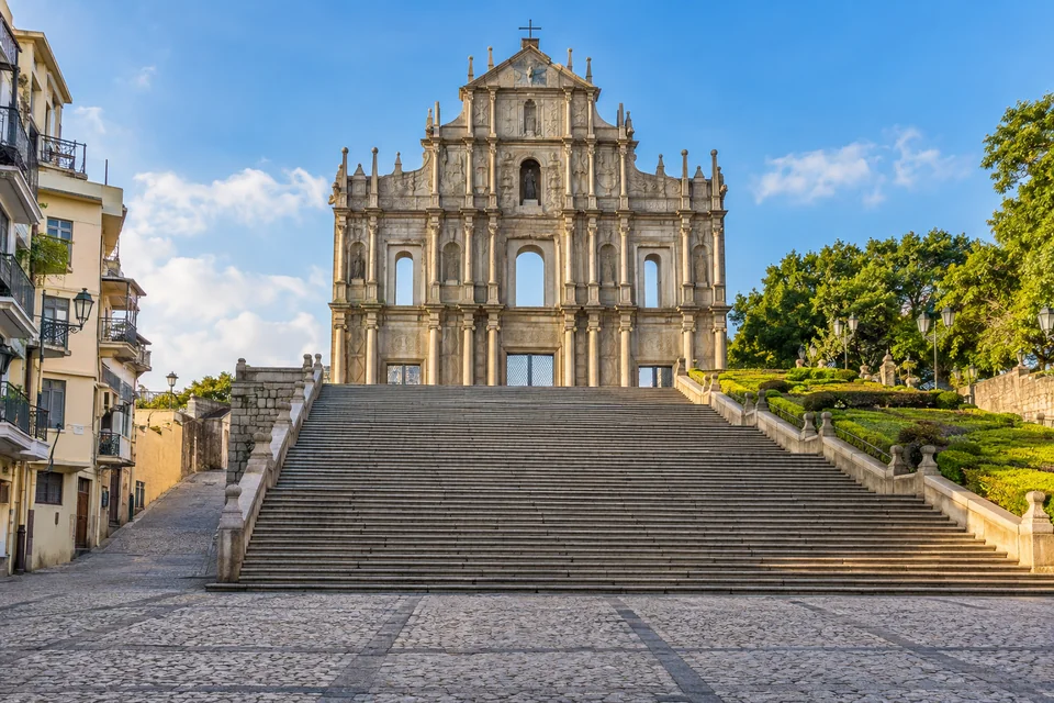 The facade of the Ruins of St. Paul's at the top of its stone staircase in Macau