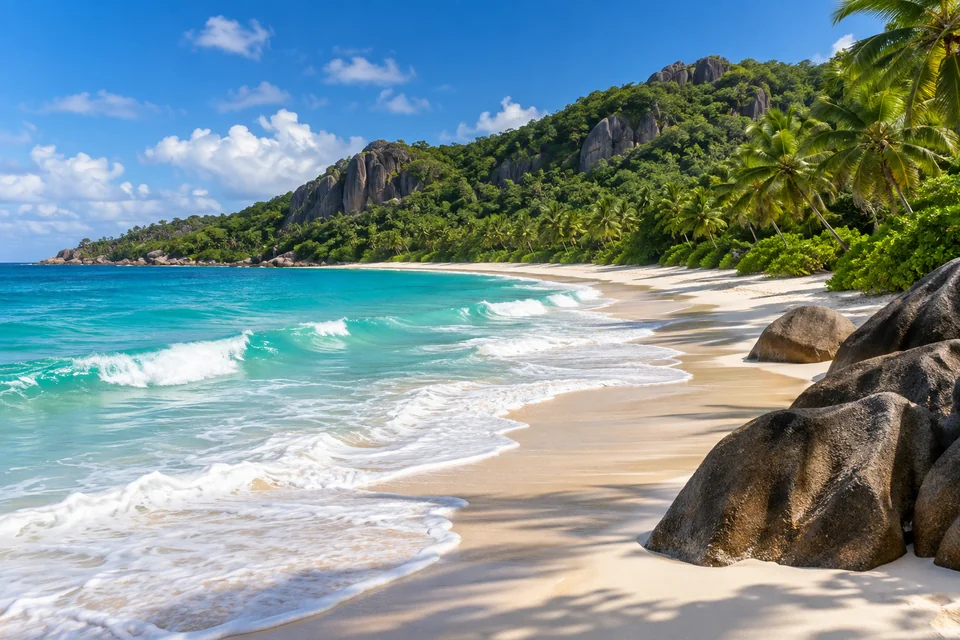 Anse Intendance beach on Mahe framed by granite hills and palms