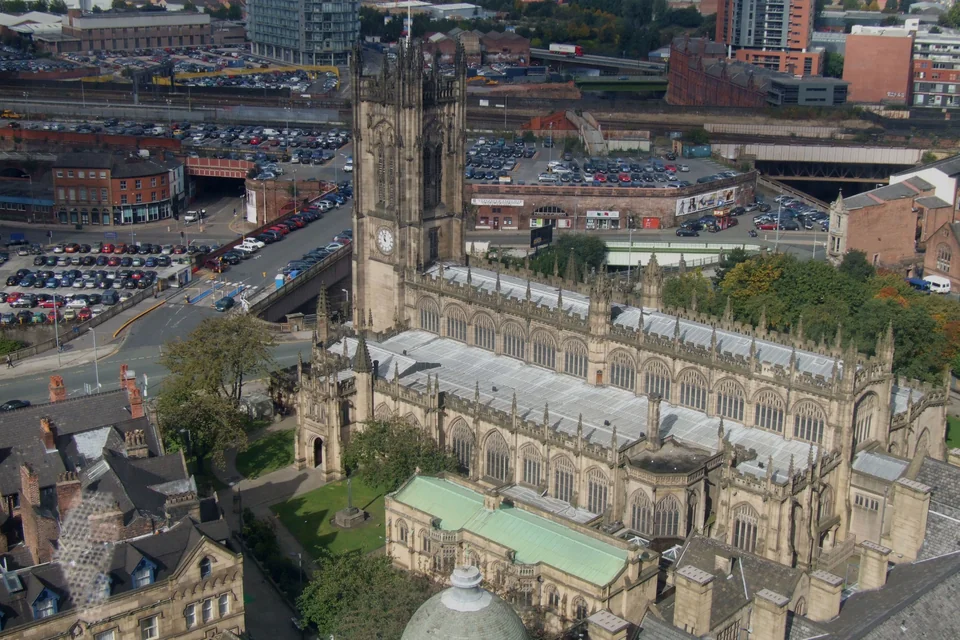 Manchester Cathedral and its surroundings seen from above