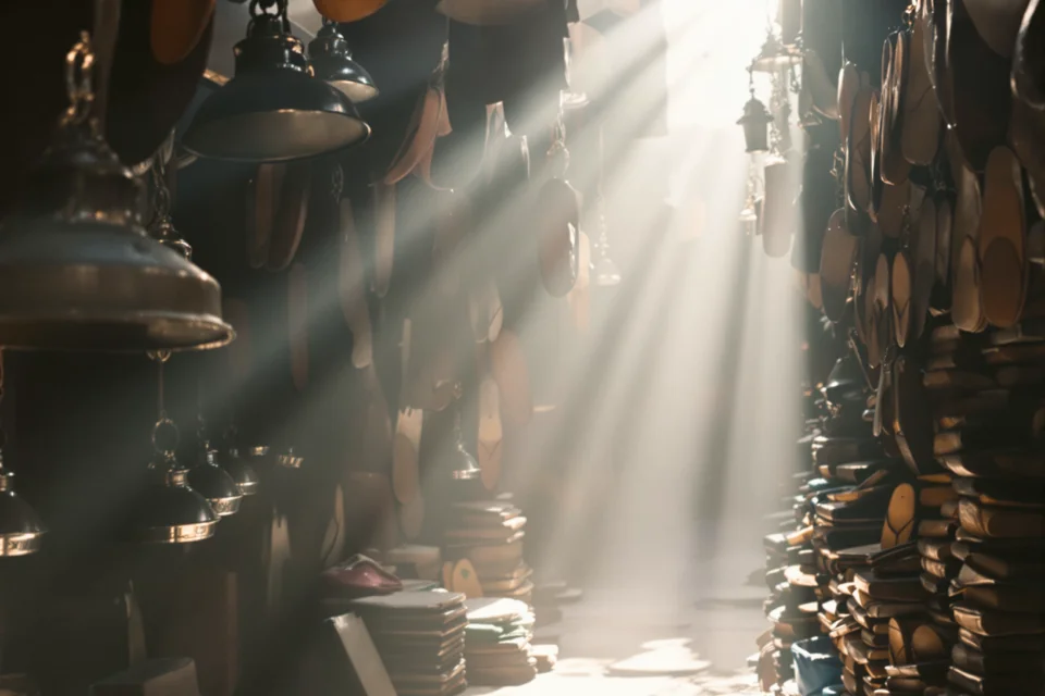 Metal lanterns swaying amid dusty shafts of light in a souk passage in Marrakesh
