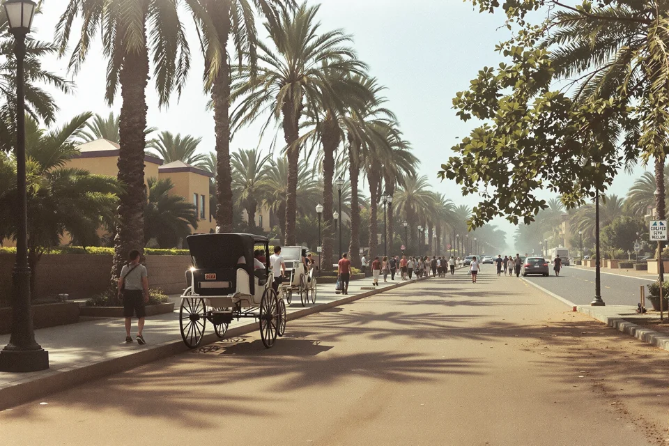 A horse-drawn carriage waiting under palm trees on a dusty Marrakesh avenue