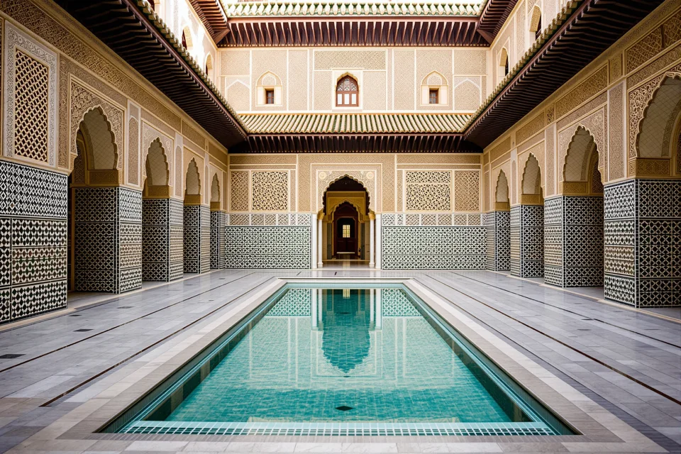 Zellige-tiled courtyard in Marrakech with carved stucco arches and a long turquoise pool