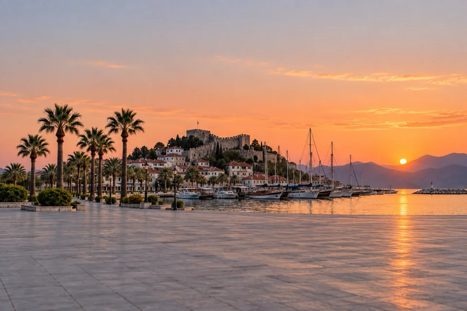 Marmaris sahilinde gün batımı ve kale duvarı