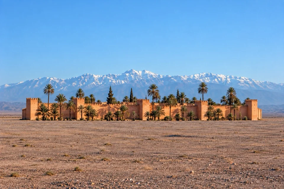 The red walls of Marrakesh with the snowy Atlas Mountains behind