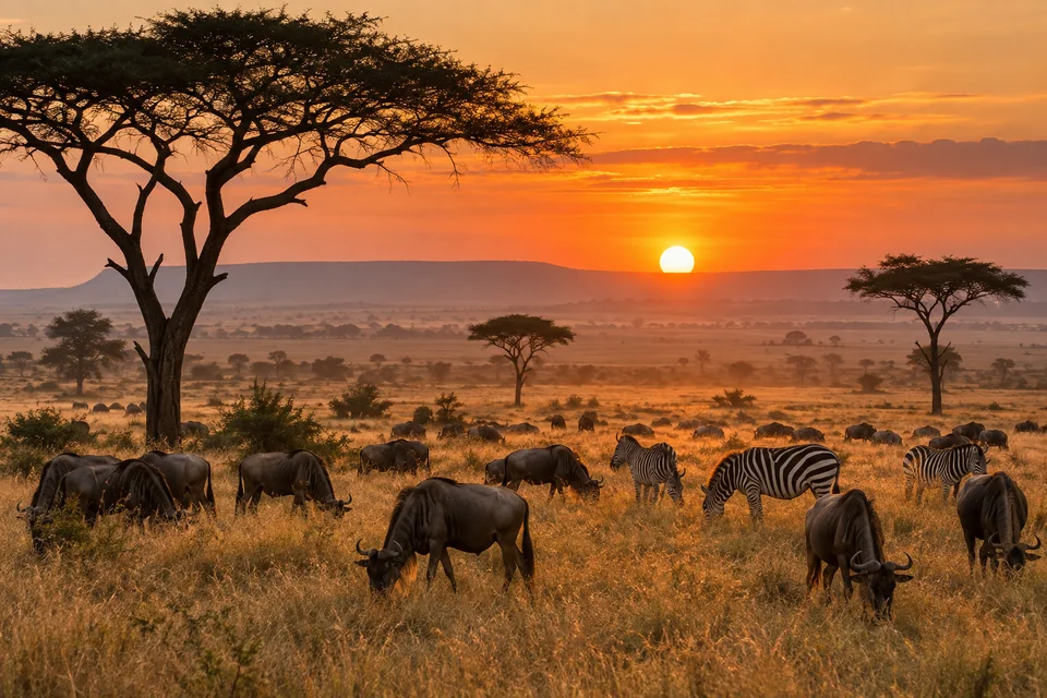 Gün doğumunda Masai Mara savanında akasyalar, otlayan antiloplar ve zebralar