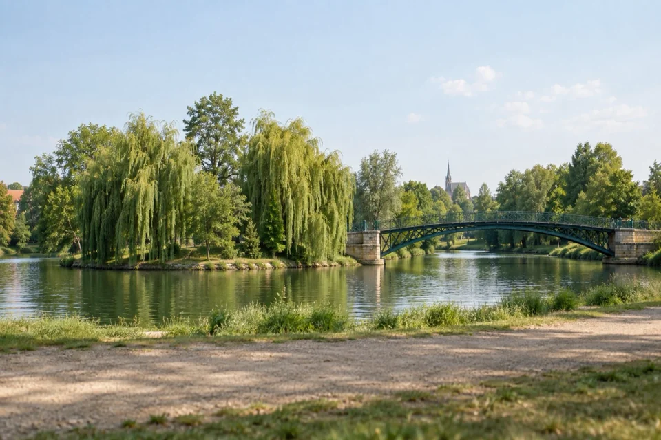 Willow-lined island park on the Moselle in Metz