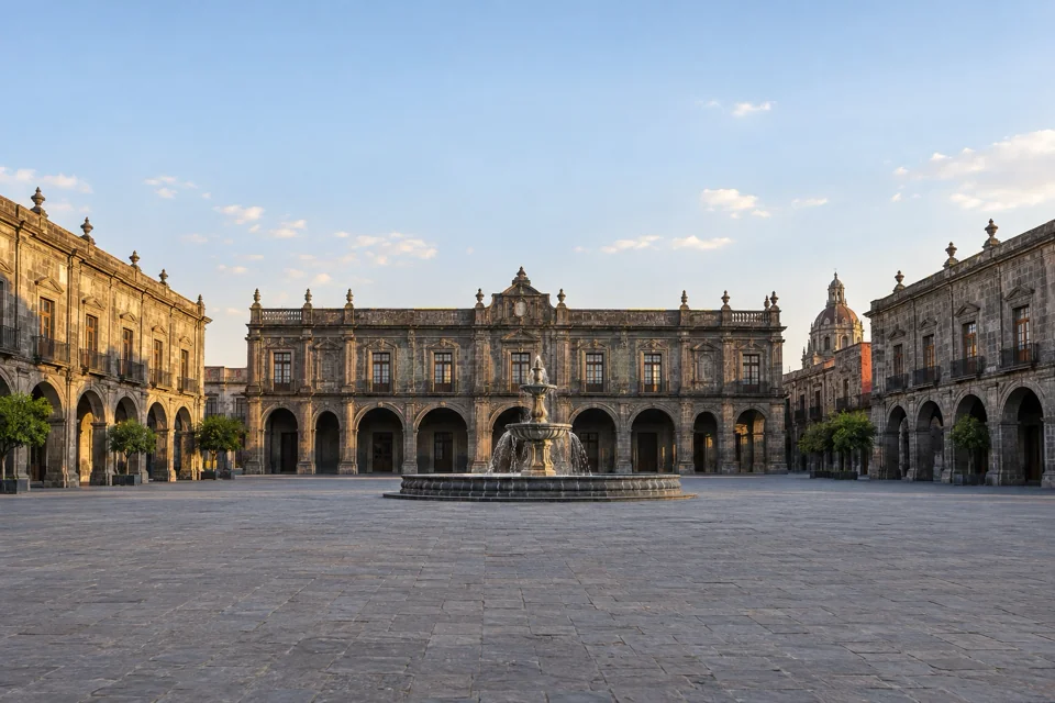 A colonial stone square and its arcade in Mexico City
