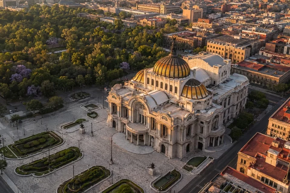 The marble facade of the Palacio de Bellas Artes in Mexico City