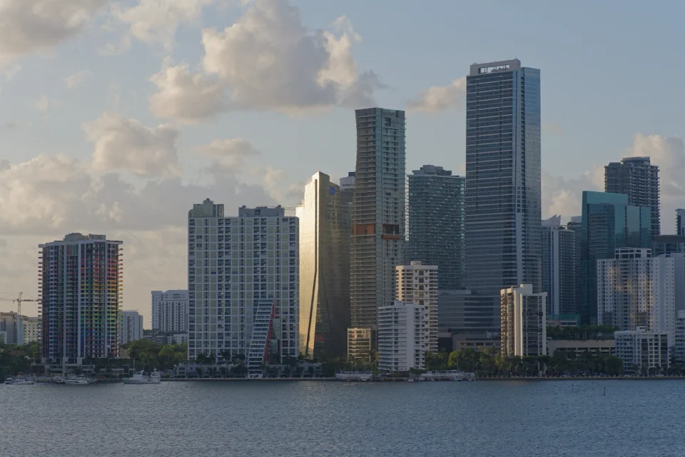 The Miami skyline of high-rise towers on Biscayne Bay, Florida