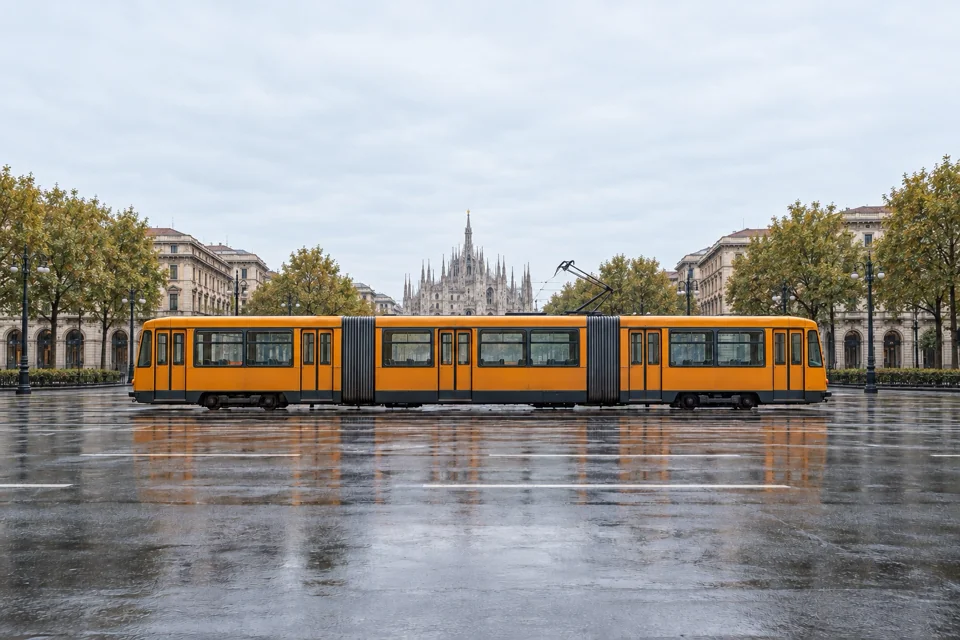 An orange tram on a wide boulevard in Milan