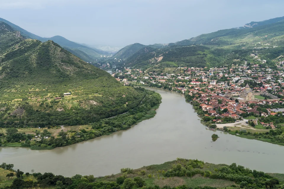 The confluence of the Aragvi and Kura rivers and the town on its banks at Mtskheta