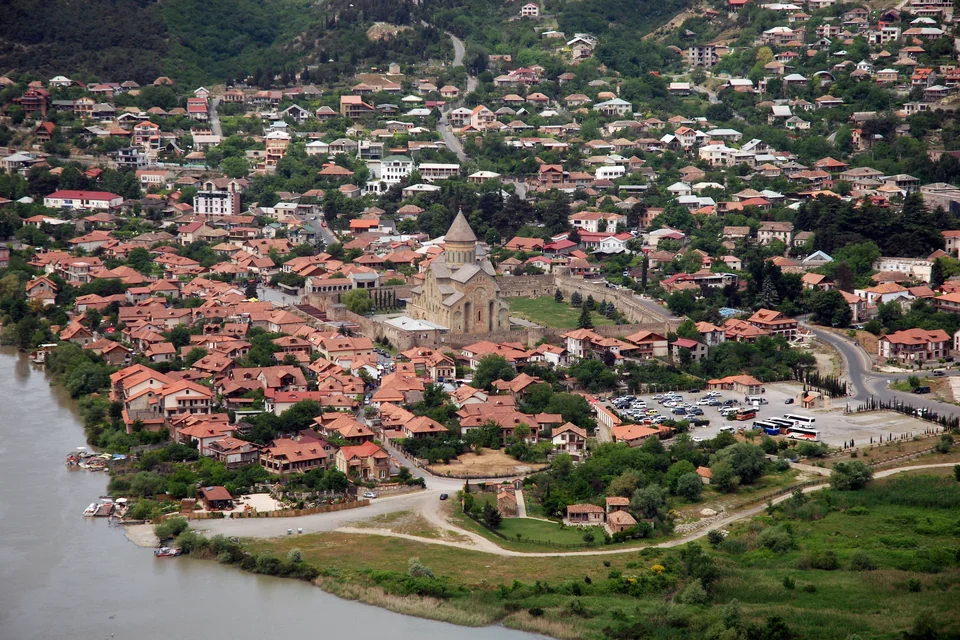 Svetitskhoveli Cathedral amid the red-roofed town of Mtskheta