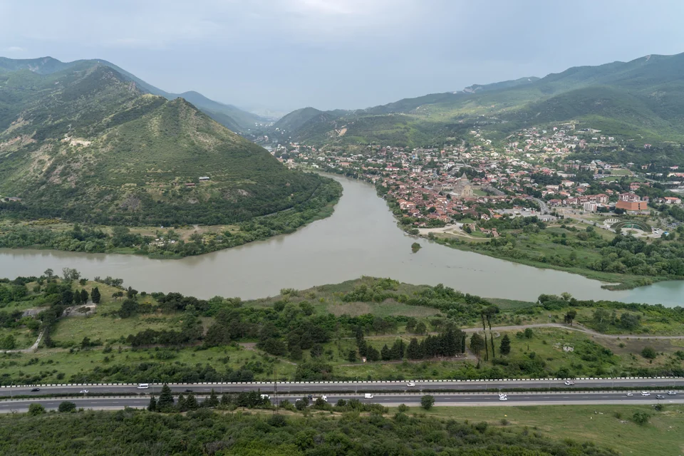 The river bend, green hills and the town seen from Jvari, Mtskheta