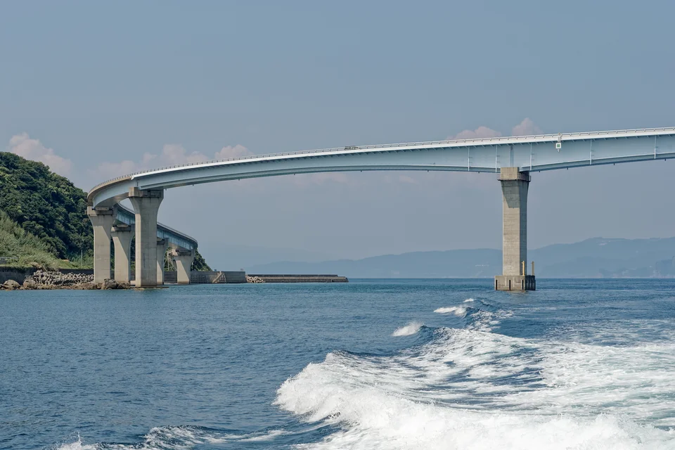 The white Iojima Bridge crossing the sea in Nagasaki