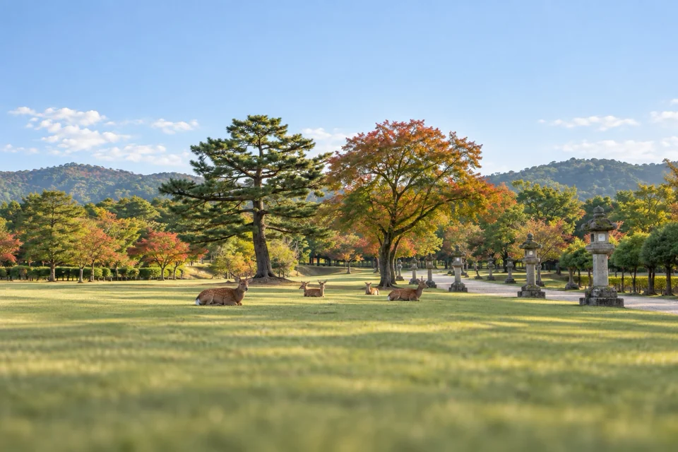 Sika deer resting in a park in Nara