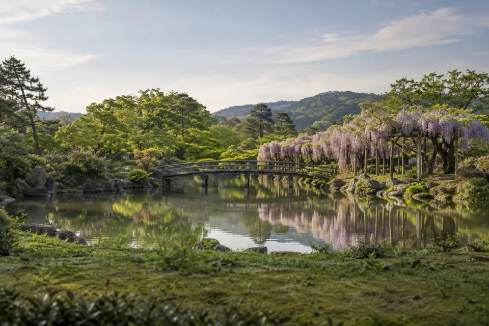 A wooden bridge over a pond with wisteria in Nara