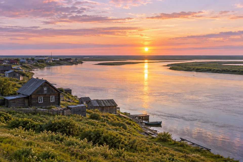 The Pechora river under the midnight sun with wooden houses on the bank at Naryan-Mar