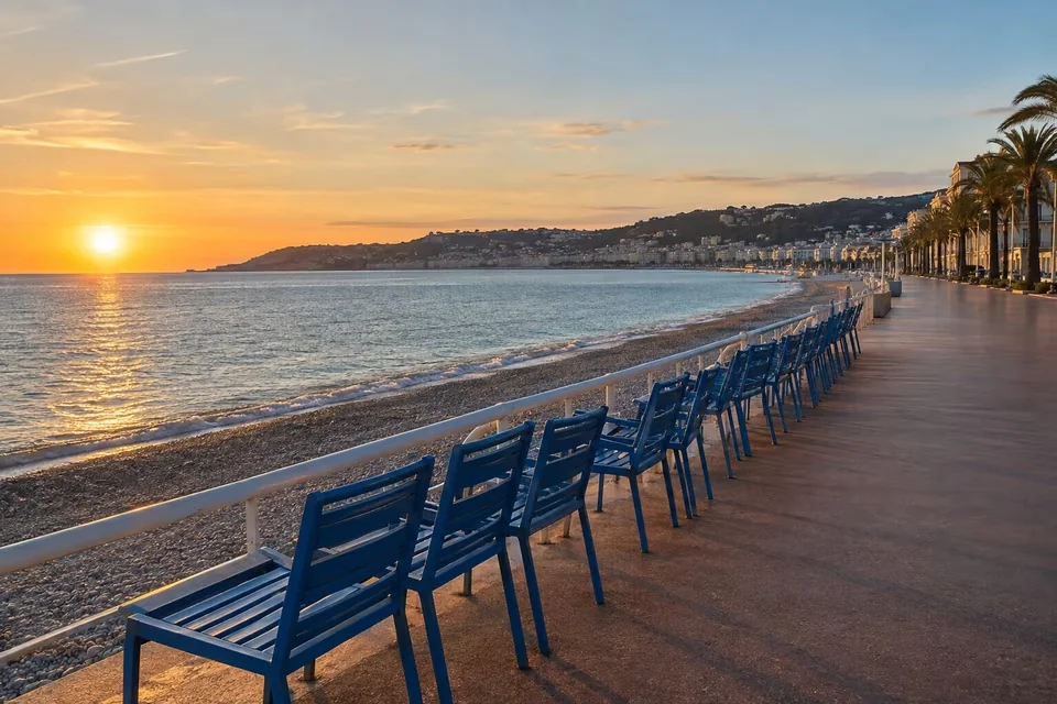 The Bay of Angels and the palm-lined seafront promenade in Nice
