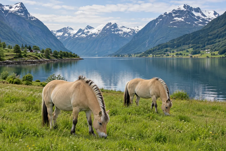 Two Norwegian fjord horses grazing on a meadow by the fjord at Nordfjordeid