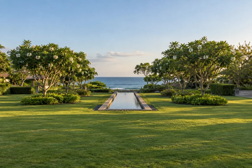A garden and water channel running down to the sea at Nusa Dua