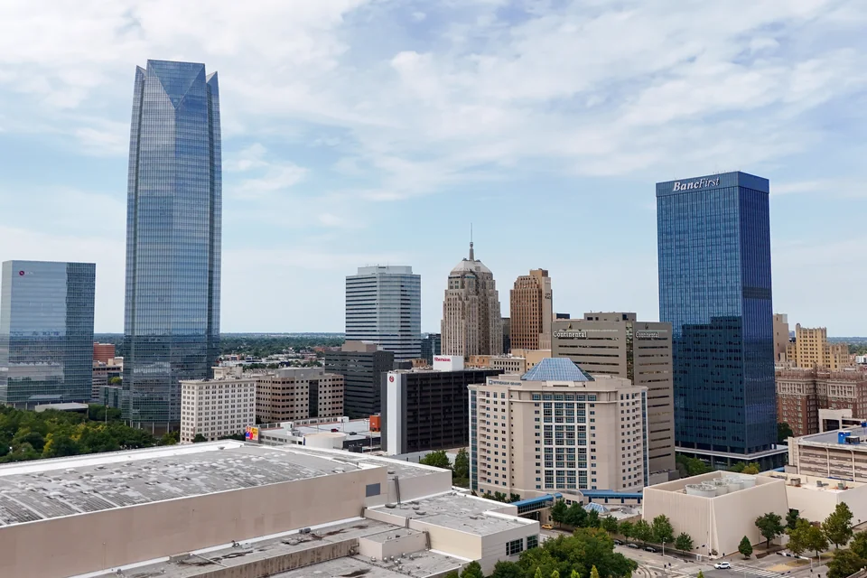 The downtown Oklahoma City skyline of glass towers
