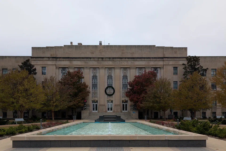 The long reflecting fountain in front of the municipal building, Oklahoma City