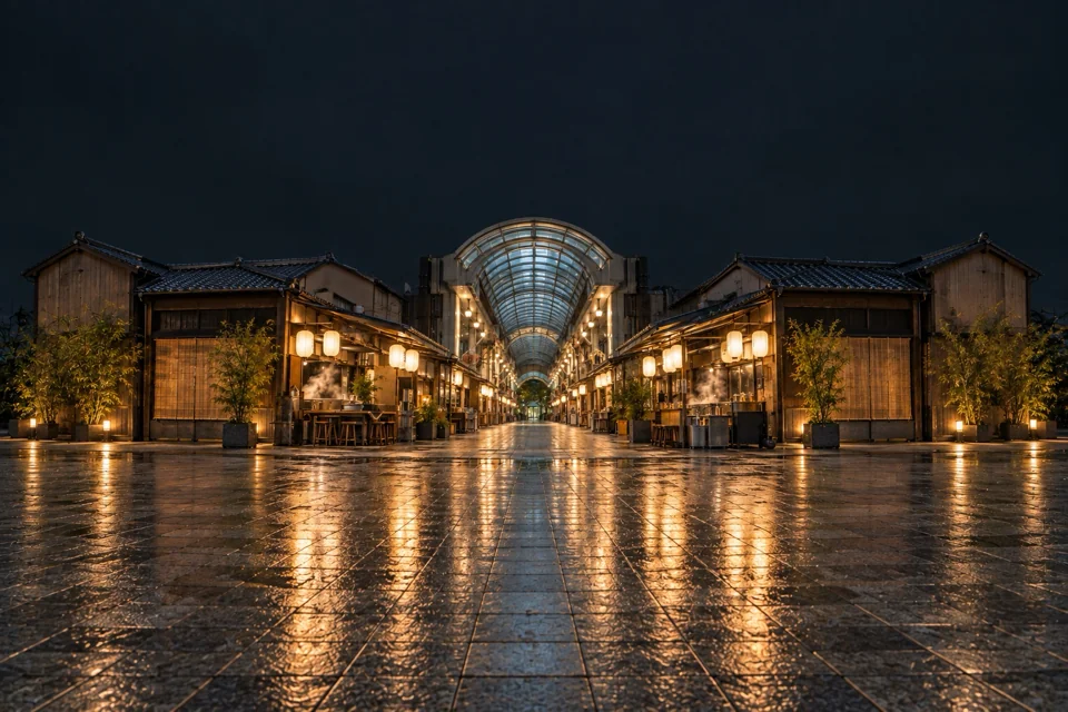 Osaka'da geceleyin üstü kapalı çarşı sokağı