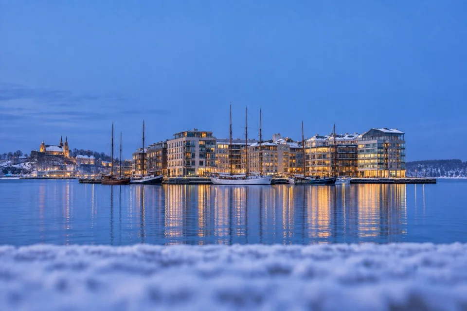 The harbourfront of Oslo at blue hour