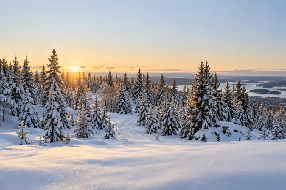 A ski track through snowy spruce forest above Oslo