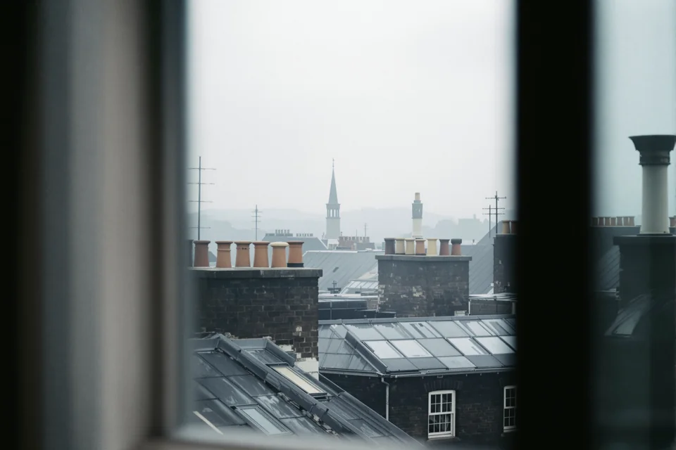 Zinc roofs and chimney pots seen from a tall window in Paris in grey morning light