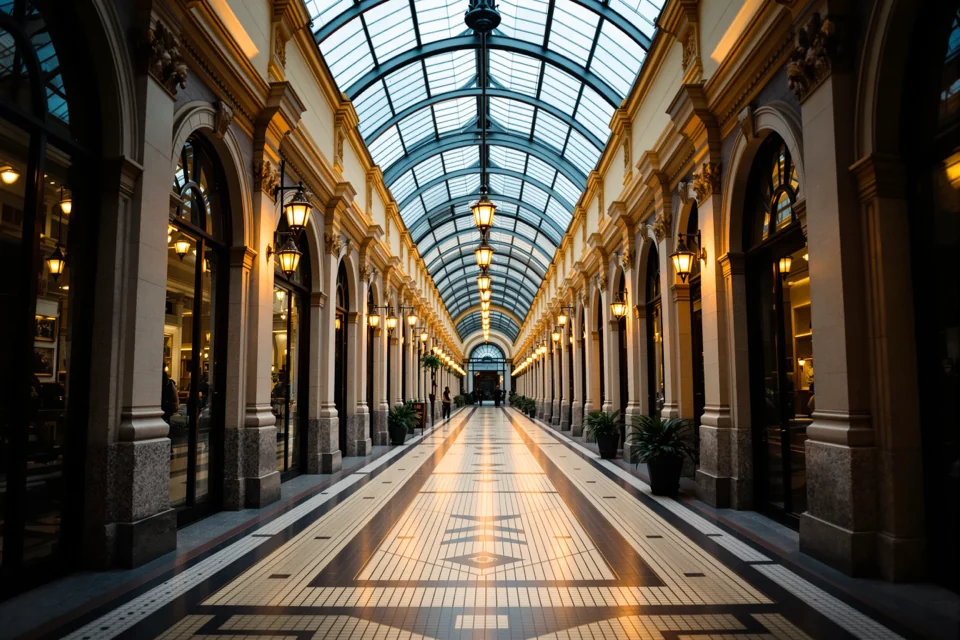 A mosaic floor lit by warm lamplight in a glass-roofed covered passage in Paris