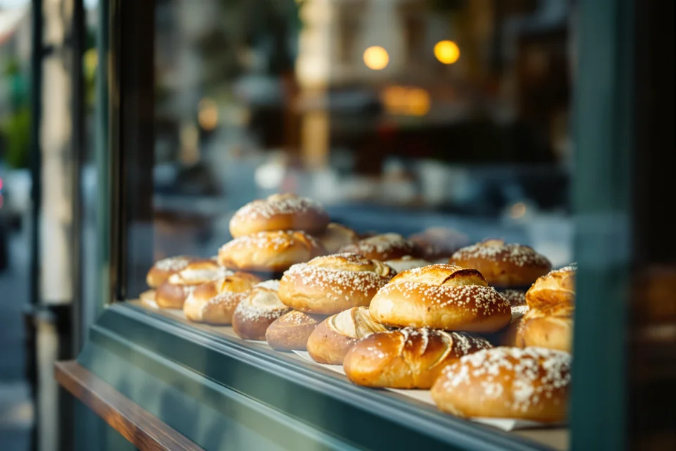 Bread and pastries set out in a Paris bakery window in the early morning light