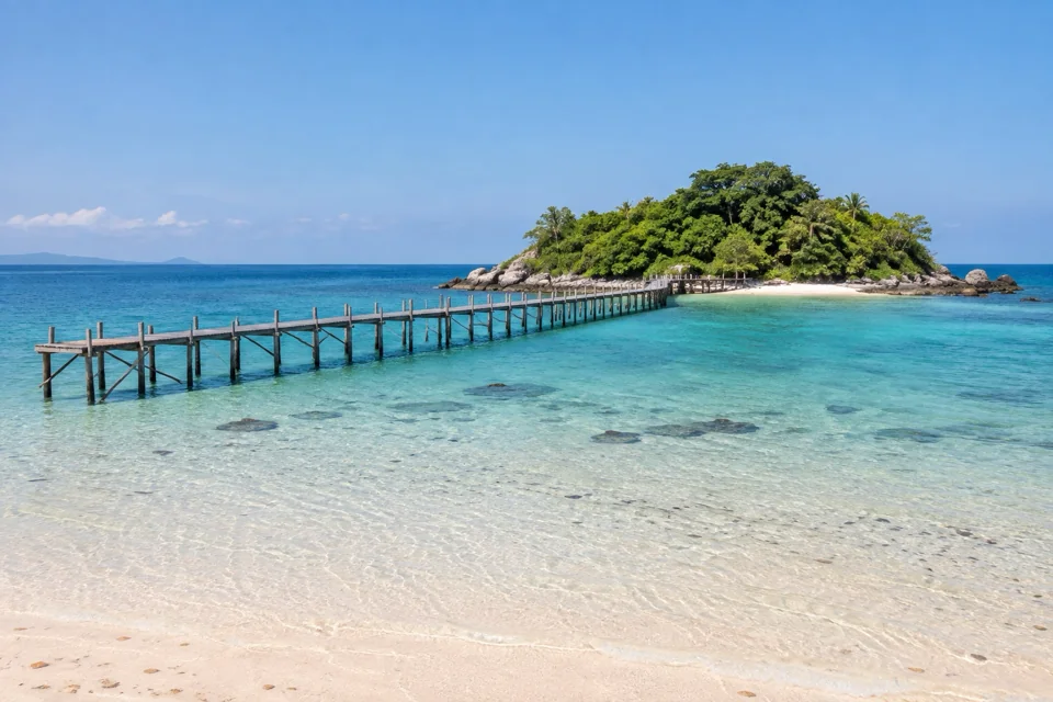 A wooden jetty reaching into shallow water in Pattaya
