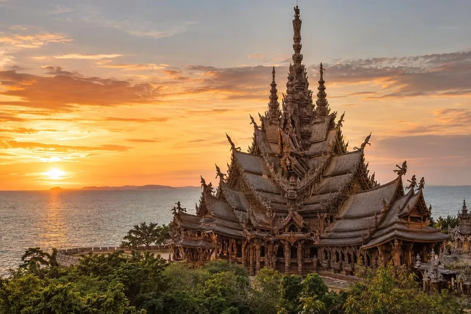 The carved wooden spires of the Sanctuary of Truth in Pattaya