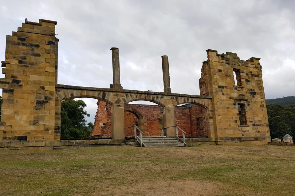 The sandstone arches of a historic church ruin at Port Arthur