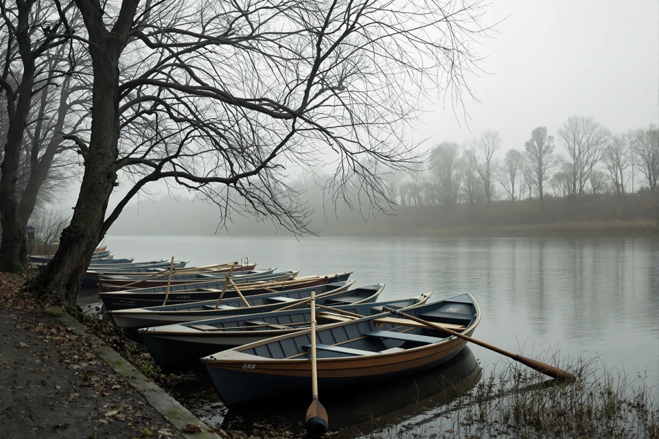 Moored rowing boats veiled in mist among bare trees on the riverbank in Prague