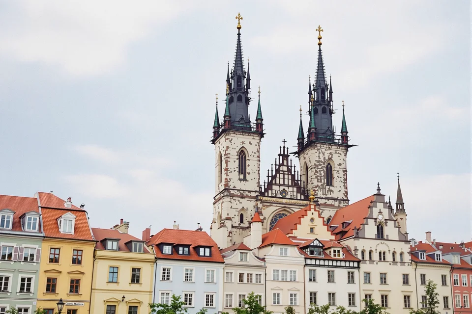 The Gothic twin towers of the Church of Our Lady before Týn in Prague