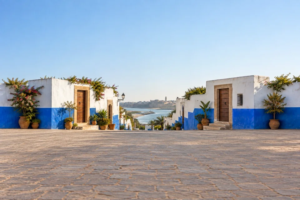 A blue and white kasbah street in Rabat